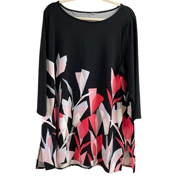 Alfani  Macys Tunic Top Boho Fairy Floral Black White Coral Multi - Picture 2 of 6